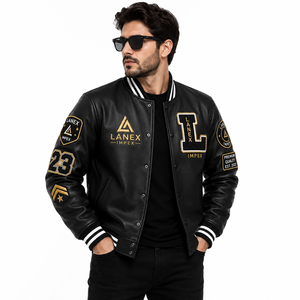 Custom Black Leather Varsity Jacket with Front Logo & Chenille Patches | OEM/ODM Premium College Letterman Jacket | Men's Winter - Product Image 2