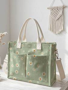 Sac fourre-tout côtelé à imprimé cœur avec poches avant, idéal pour le shopping quotidien et les voyages, sac de courses réutilisable - Product Image 2
