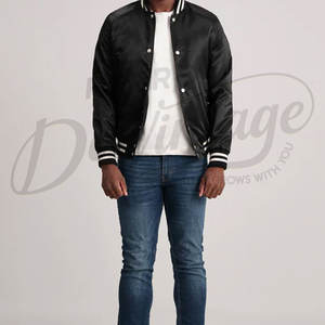 Chaqueta Varsity Negra de Satén para Hombre, Estilo Clásico Letterman, Chaqueta Bomber Casual con Botones a Presión y Ribete Acanalado - Product Image 3