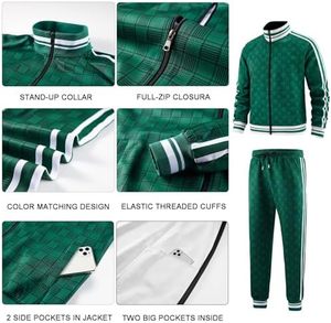 2026 Men Tracksuit Green Plaid Full <b>Zip</b> Stand Collar Side Pockets Polyester Sporty Autumn Style Regular Fit Adult Casual Wear - Product Image 5