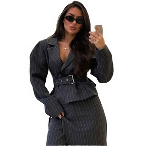 Women's Striped Pinstripe <b>Blazer</b> <b>Set</b> Belt Full Length Elegant Two Piece Suit Long Sleeve Bow Collar Woven Fabric - Product Image 4