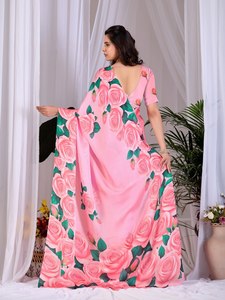 Wholesale Elegant Rose Floral Printed <b>Saree</b> Luxury Soft <b>Satin</b> Indian Traditional Wear Women Party Festive Sari Blouse Summer - Product Image 4