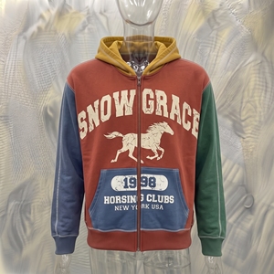 Sudadera con capucha y cremallera Snowgrace unisex de gran tamaño, chaqueta de forro polar con bloques de color vintage, diseño de bolsillo con estampado de caballo, manga raglán - Product Image 3