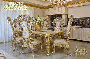 Stylish Look Marble Top <b>Dining</b> Table Set Wooden Handcraft <b>8</b> Seater <b>Dining</b> Set Traditional Teak Wood <b>Dining</b> Table & <b>Chairs</b> Set - Product Image 4