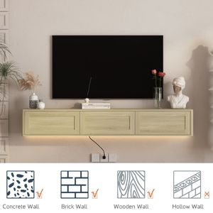 High Gloss Wall Mounted TV Stand <b>Floating</b> Wood Cabinet with LED Lights and Power Outlet for Living Room - Product Image 5