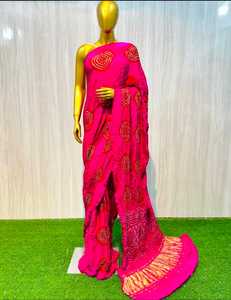 Sari en soie Gaji pure, fait main, deux tons, style Bandhani - Product Image 4