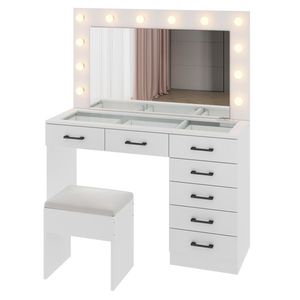 Large Lighted 12 LED Mirror Makeup Vanity Desk Set with 7 Drawers Glass Top Vanity Table with Power Outlet - Product Image 2
