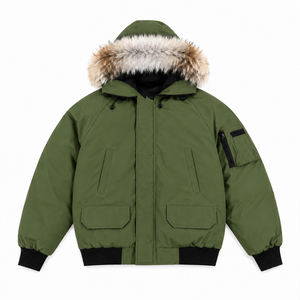 Men's Olive Green Hooded Puffer Jacket With <b>Fur</b> <b>Trim</b> Windproof Thick Polyester Winter Coat Casual Regular Fit Zipper Closure - Product Image 1