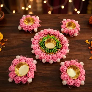 Handmade Pink Rose and Pearl <b>Tealight</b> Candle <b>Holder</b> Set with Floral Rangoli Tray for Diwali Wedding Festival Home Decor Gift - Product Image 2
