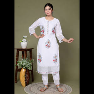 Ensemble Kurta en coton NIYANI Grace ivoire avec dupatta, coupe ample, trois pièces, élégant, ethnique, décontracté, maxi, ensemble artisanal - Product Image 4