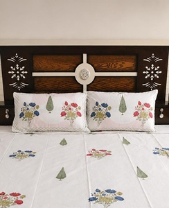 Hand Block Print <b>King</b> <b>Size</b> Cotton Bed <b>Sheet</b> White Floral Bedding Set with Pillow Covers Jaipur Handmade Indian Boho Bedroom - Product Image 4