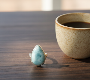 Bague en argent sterling 925 avec larimar naturel, faite à la main, cabochon en forme de goutte, bijou bohème, cadeau de Noël pour elle - Product Image 6