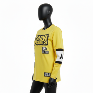 Camiseta de manga larga para mujer, algodón jersey GSM, amarilla con panel en contraste, estampado gráfico, logotipo personalizado, ropa urbana, camiseta de manga larga de algodón - Product Image 3