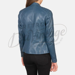 Blouson de motard en cuir véritable bleu pour femme, coupe ajustée, en peau de mouton souple, avec épaulettes matelassées, style mode - Product Image 5