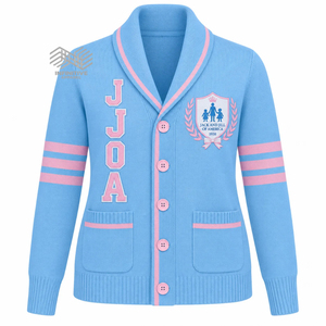 Cardigan en tricot personnalisé pour femme, bleu rose, style universitaire, avec logo brodé, col châle, fabricant OEM - Product Image 1