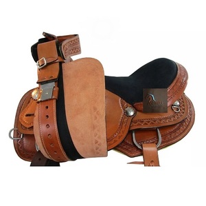 Tan Leather Western Barrel Horse Saddle With Floral Hand Carved Black Suede Seat Metal Conchos With Tack Set 10"-18" Inch LLT - Product Image 4