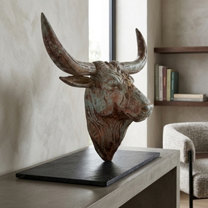Bull Suge Stand Handcrafted <b>Wooden</b> Animal Head Sculpture <b>Rustic</b> Tribal Tabletop Decorative Artwork Metal Stand Home Decor Accent - Product Image 5