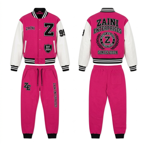 Premium 320g Cotton Polyester Fleece Solid Casual Varsity Tracksuit Pink White Custom <b>Embroidery</b> Chenille Logo <b>Set</b> - Product Image 1