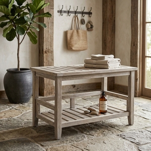 Tabouret en teck léger fait main Ananta avec assise à lattes, banc rustique moderne, meuble portable pour salle de bain et salon, vente en gros - Product Image 4