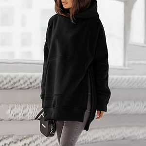 European American Women's New Long Sleeved Round Neck Fleece Sweatshirt Solid Color with Pockets Loose Hooded for Autumn - Product Image 3