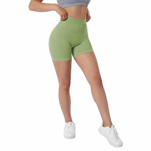 Pantalones cortos deportivos de punto transpirables de color liso con cintura alta para mujer, ajuste deportivo, cintura elástica, color verde - Product Image 1