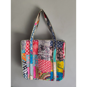 Colorful <b>Patchwork</b> Cotton Tote <b>Bag</b> Bohemian Style Open Top Shopping <b>Bag</b> Panelled Design All Seasons Use - Product Image 1