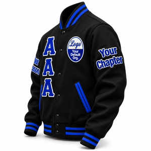 Chaqueta de hermandad Zeta azul y blanca con bordado de letras griegas en chenilla, lana negra, personalizada para mujeres universitarias. - Product Image 4