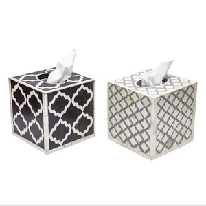Juego de 2 cajas de pañuelos cuadradas decorativas con incrustaciones de hueso hechas a mano, ideales para encimeras de cocina, baños y tocadores. - Product Image 1