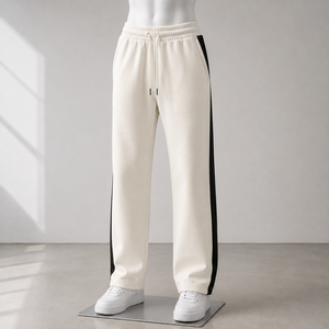 Women Cream Knitted Wide Leg Pants Mid Waist Loose Fit Full Length Casual Solid Color Drawstring Elastic Waist Fleece Sweatpants - Product Image 2