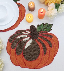 Salvamantel Redondo de Calabaza con Cuentas, Diseño Floral de Enredadera, Hecho a Mano con Cuentas de Semillas, Reutilizable, de Lona, 500mm de Diámetro, Decoración Navideña - Product Image 6