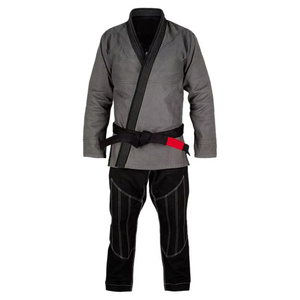 Men's Gray BJJ Kimono Uniform With Black Pants And <b>Red</b> <b>Belt</b> Tip Durable Polyester Martial Arts Wear For Adults - Product Image 1