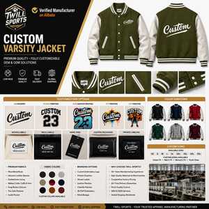 Custom Letter Print Windproof Breathable Wool/Polyester Varsity Jacket Men Olive Green PU Sleeve Casual Winter <b>Covered</b> <b>Button</b> - Product Image 4