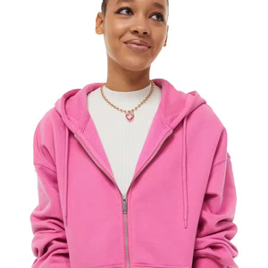 Women Pink Hooded Zip-Up Sweatshirt Full Sleeve Solid Color Casual Loose Fit 100% Cotton Autumn Streetwear <b>Tracksuit</b> Top - Product Image 2