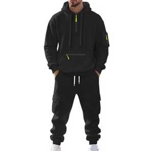 Ensemble de survêtement beige à capuche pour homme, sweat-shirt décontracté à manches longues de couleur unie avec poches latérales, pantalon à taille élastique, vêtements d'automne - Product Image 2