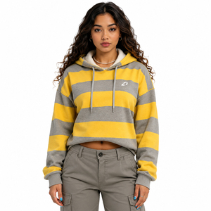 Sudadera con Capucha a Rayas Amarillas y Grises para Mujer, Marca Privada, Algodón y Felpa, Hombros Caídos, Calidad de Exportación, Proveedor de Ropa de Invierno - Product Image 1