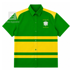 Chemise boutonnée personnalisée Chi Eta Phi avec logo brodé sur le devant, rayée jaune et verte, pour vêtements grecs féminins. - Product Image 1