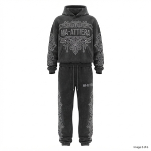 Conjunto de Sudadera con Capucha y Pantalones Jogger Personalizados con Pedrería, de Algodón Lavado y Felpa, Dos Piezas, Estilo Urbano, Venta al Por Mayor OEM - Product Image 3