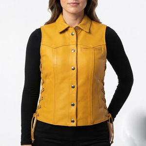 Chaleco de Cuero Genuino 100% Personalizado de Alta Calidad, Transpirable, Estilo Motero para Invierno, con Cordones Laterales, Sin Mangas, para Mujer - Product Image 1