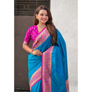 Elite Weaves Blue Silk Saree with Paithani Pallu Kadiyal Zari Woven Elegant <b>Club</b> <b>Dresses</b> 0.65g - Product Image 2