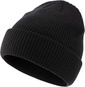 Gorro de Punto Acrílico Negro Unisex, Diseño con Borde, Color Sólido, Ropa Casual de Invierno, Talla Adulto 56-58CM - Product Image 1