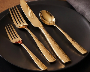 Ensemble de couverts plaqués or avec manches martelées, finition miroir, pour mariage et décoration de table - Product Image 6