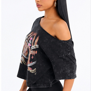 Women's off Shoulder <b>Crop</b> <b>Top</b> Asymmetric Print <b>Short</b> <b>Sleeve</b> Slim Fit Casual Breathable Eco-Friendly Summer <b>Black</b> Cotton Jersey - Product Image 2