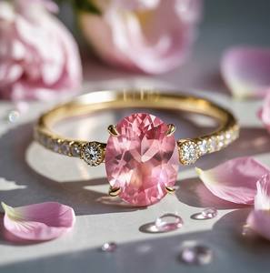 แหวนหมั้นและแต่งงานหรูหราประดับมอสซาไนต์สีชมพูทรงรี บนตัวเรือนเงินแท้ชุบทอง 18K พร้อมอัญมณีสีบลัชสุดงดงาม - Product Image 3