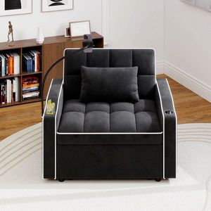 Fauteuil-lit en velours côtelé avec oreiller, porte-gobelet en acier inoxydable brossé, support pour téléphone et port de charge USB - Product Image 1