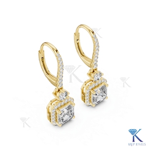 Lab Grown Diamond Asscher Cut Halo Drop Filled <b>Earrings</b> Pave <b>Hoop</b> Leverback 18K <b>Solid</b> Gold Classic Fine Women's Jewelry Bridal - Product Image 3