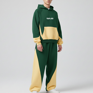 Custom Made Pullover Hoodie And Panel Wide Leg Sweatpants Set Premium Color Block Fleece Tracksuit Fashion Streetwear Custom <b>Log</b> - Product Image 1