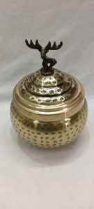 Vintage Brass Storage Jar with Deer Handle Lid Engraved Decorative <b>Container</b> Antique Style Trinket Box Handmade Metal Candy - Product Image 3