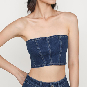 Vestido vaquero sin tirantes sexy con abertura y estampado estilo urbano de algodón de alta calidad para mujer, venta al por mayor - Product Image 6
