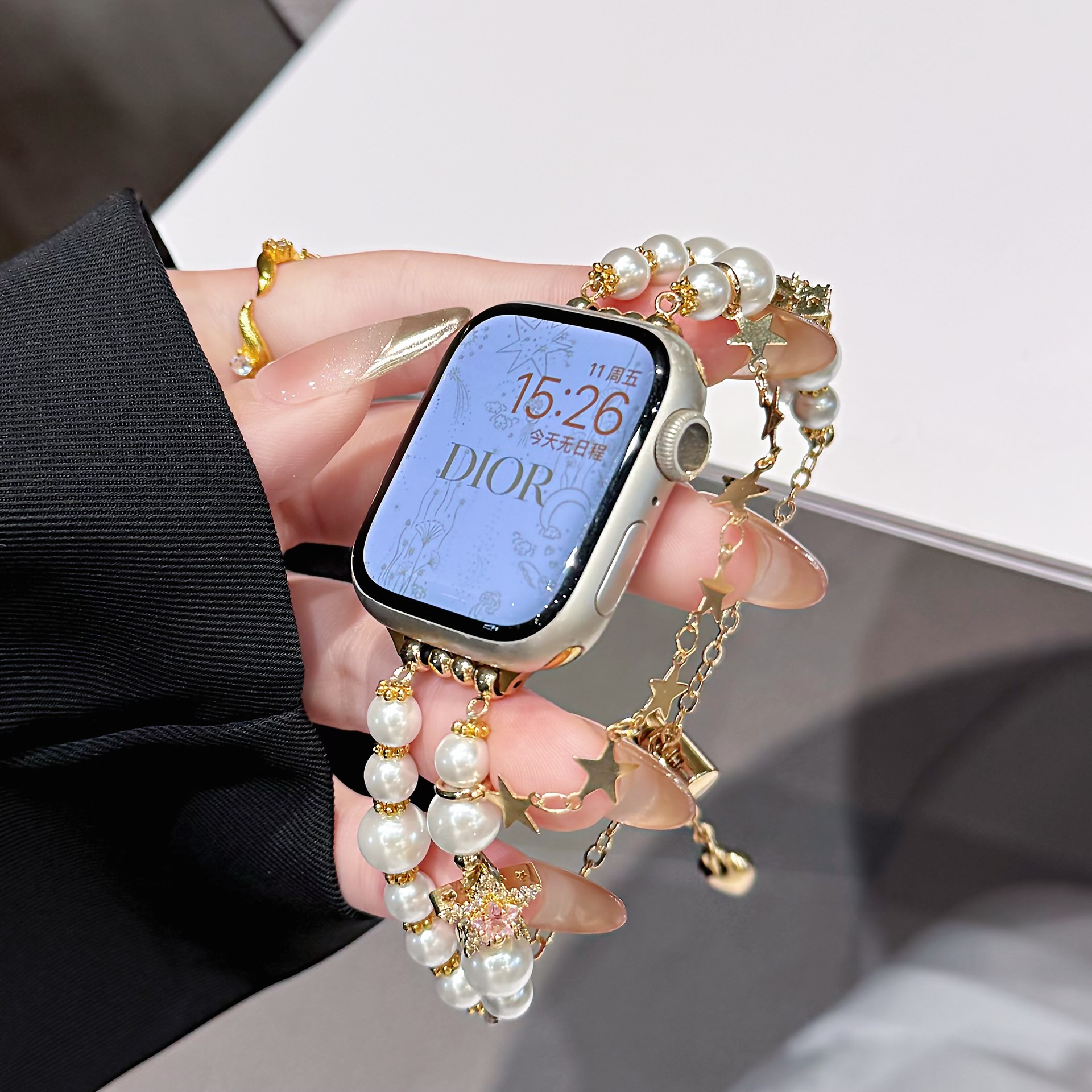 Элегантный ремешок для Apple Watch с жемчужным бисером на металлической цепочке со звездой, браслет, совместимый с iWatch серии 10/9/8/7/6/SE