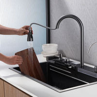 Évier de cuisine simple fait main en acier inoxydable 304, finition brossée, cascade, multifonction, à encastrer, quatre trous, robinet en laiton